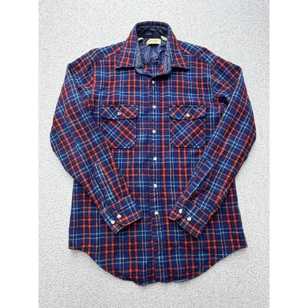 Vintage St.‎ Johns Bay Mens LT Blue Plaid Wool Flannel Quilted Shirt 7771016